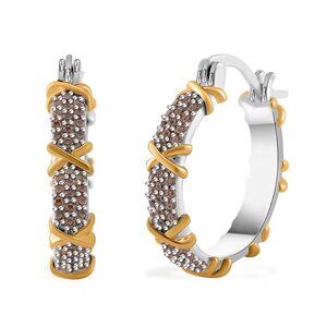 Hoop Earrings with Simulated Champagne Color Diamond XOXO Dualtone Design